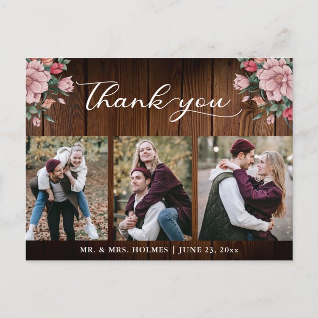 Carte Postale Calligraphie Florale Mariage Rustique Bois Merci (Devant)
