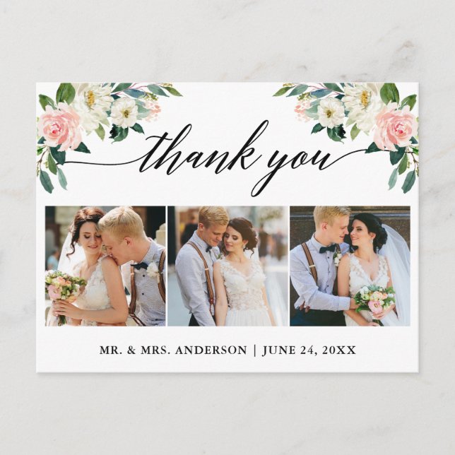 Carte Postale Calligraphie florale rose 3 Mariage photo Merci (Devant)