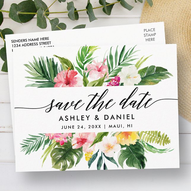 Carte Postale Calligraphie Flore Tropicale Enregistrer La Date (Customize to change your personalized text size or text style.)