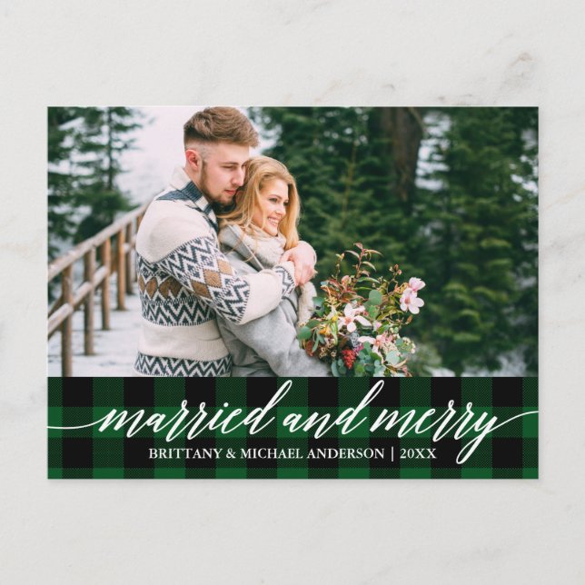 Carte Postale Calligraphie Green Plaid Marié et Joyeux Mariage (Devant)