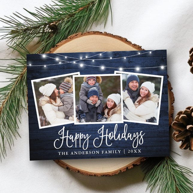 Carte Postale Calligraphie Holiday Blue Wood Chaîne Lumière Phot (Customize to change your personalized text size or text style.)