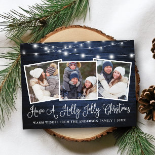 Carte Postale Calligraphie Joyeux Noël Holly Jolly Bleu Bois Lum