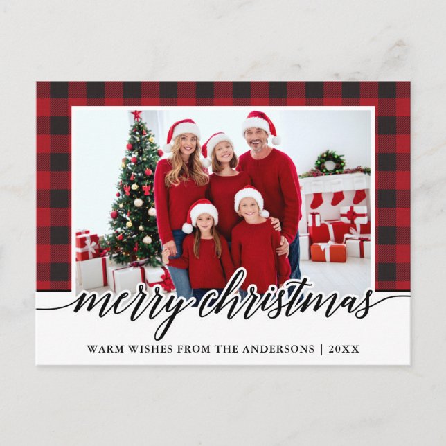 Carte Postale Calligraphie Joyeux Noël Photo de famille Plaid Ro (Devant)