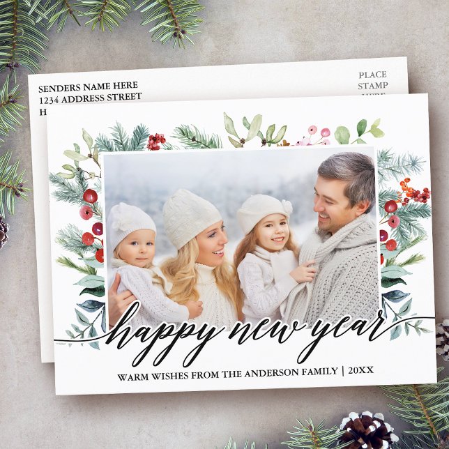 Carte Postale Calligraphie Joyeux Nouvel An Végétal d'hiver Phot (Customize to change your personalized text size or text style.)