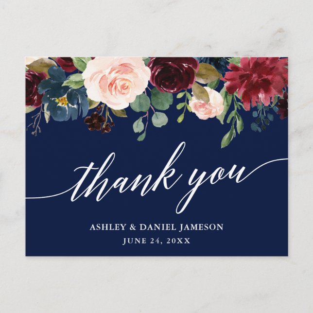 Carte Postale Calligraphie Mariage Floral Bourgogne Bleu Remerci (Devant)