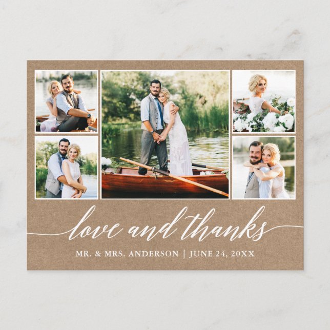 Carte Postale Calligraphie Mariage Kraft 5 Photo Amour Merci (Devant)