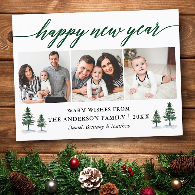 Carte Postale Calligraphie moderne 3 Pins photo Bonne année (Customize to change your personalized text size or text style.)