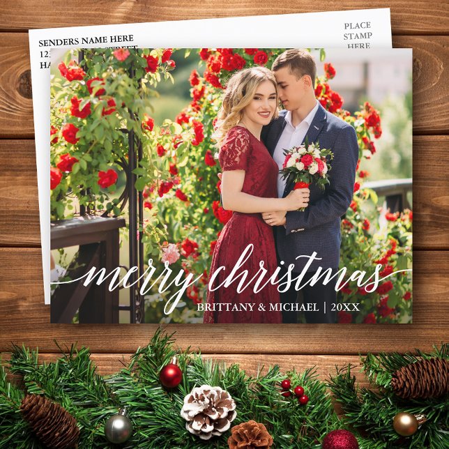 Carte Postale Calligraphie moderne élégante Joyeux Noël Couple (Customize to change your personalized text size or text style.)