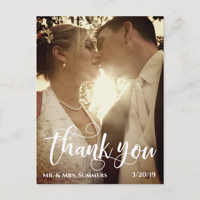 Carte Postale Calligraphie moderne Mariage photo Merci brossé (Devant)