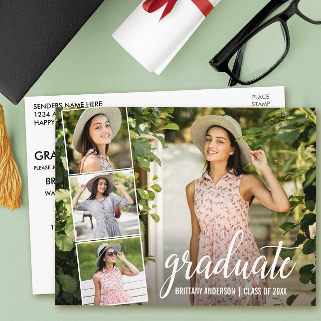 Carte Postale Calligraphie moderne Script 4 Photo Graduation Par (Customize with your photos and text.)