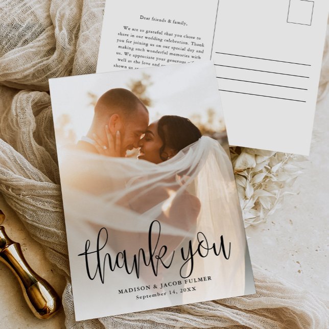 Carte Postale Calligraphie moderne Script Mariage Photo Merci (Créateur téléchargé)