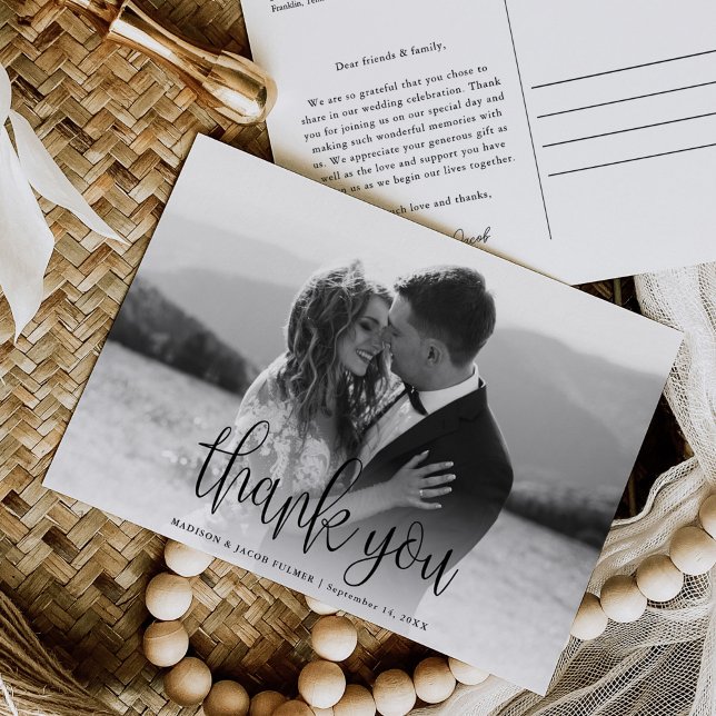 Carte Postale Calligraphie moderne Script Mariage Photo Merci (Créateur téléchargé)
