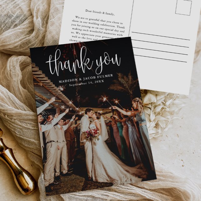 Carte Postale Calligraphie moderne Script Mariage Photo Merci (Créateur téléchargé)