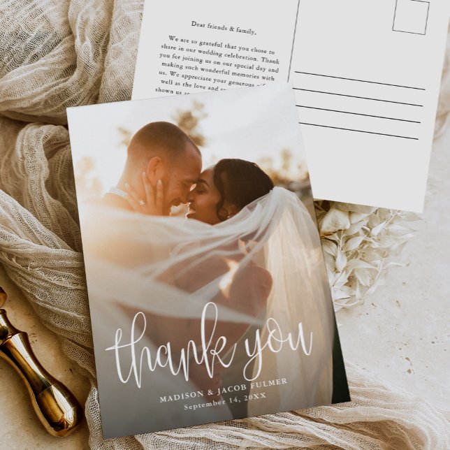 Carte Postale Calligraphie moderne Script Mariage Photo Merci (Créateur téléchargé)
