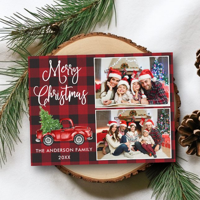 Carte Postale Calligraphie Noël Camion Vintage 2 Photo Plaid (Customize to change your personalized text size or text style.)