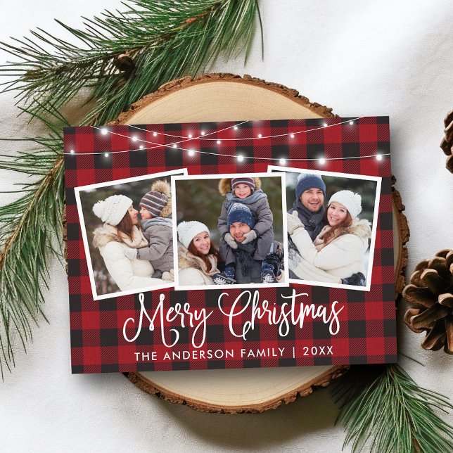 Carte Postale Calligraphie Noël Plaid String Lights 3 Photo (Customize to change your personalized text size or text style.)