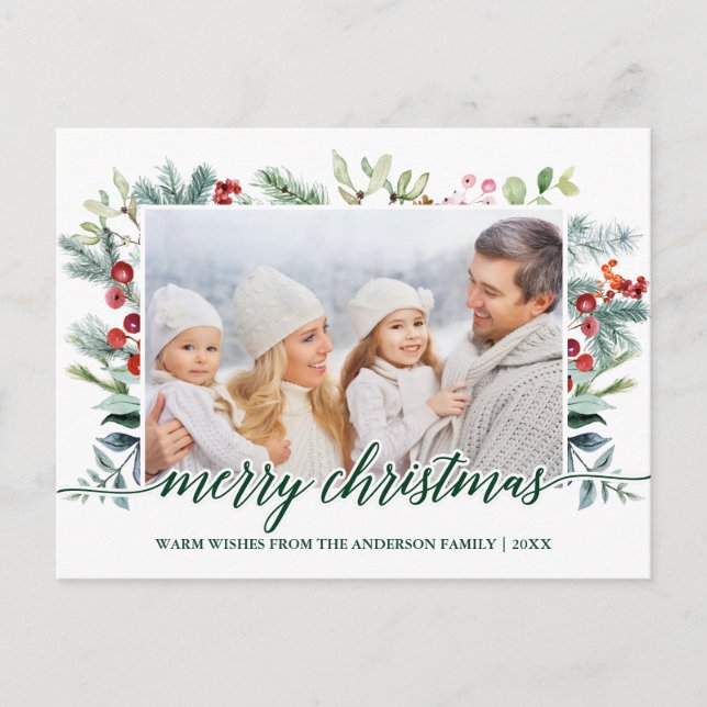 Carte Postale Calligraphie Noël Verdure Famille Photo verte (Devant)