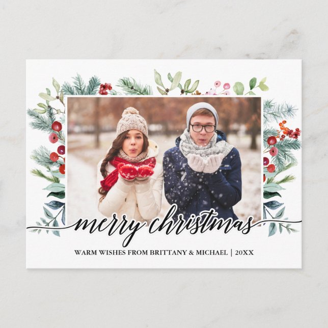Carte Postale Calligraphie Noël Vert Couple Photo (Devant)
