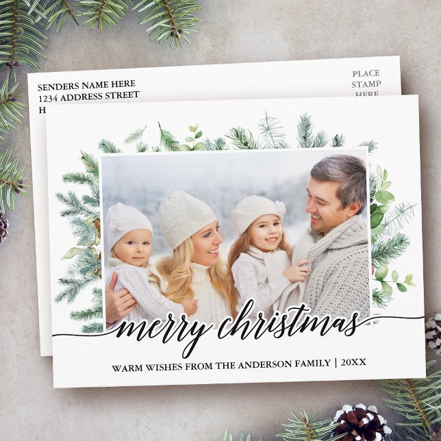 Carte Postale Calligraphie Pin de Noël Verdure Photo de famille (Customize to change your personalized text size or text style.)
