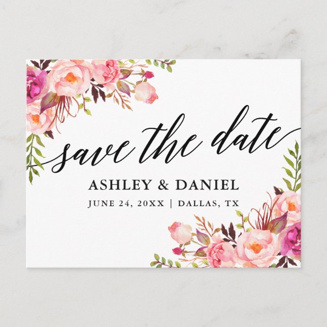 Carte Postale Calligraphie Pink Floral Enregistrer La Date (Devant)