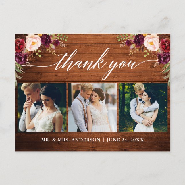 Carte Postale Calligraphie Remerciement Photo Bois Mariage Bourg (Devant)