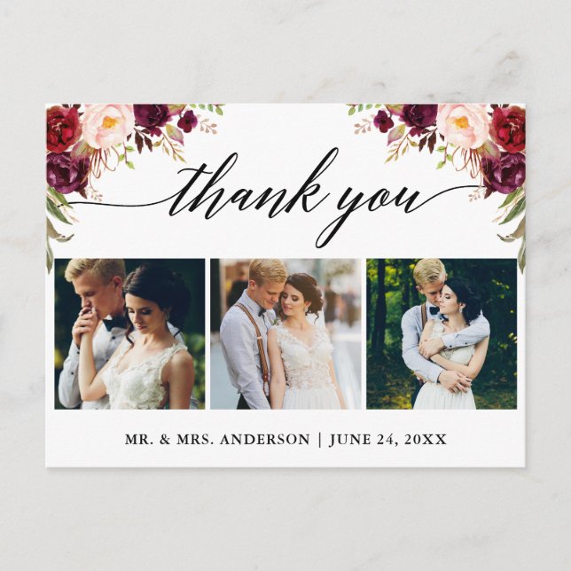 Carte Postale Calligraphie Remerciement Photo de Mariage Bourgog (Devant)