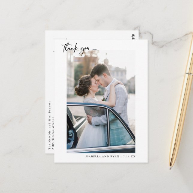 Carte Postale Calligraphie romantique Script Mariage Photo Merci (Devant/Arrière en situation)
