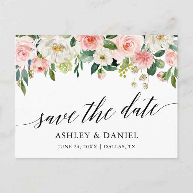 Carte Postale Calligraphie Rose Blanc Floral Enregistrer La Date (Devant)