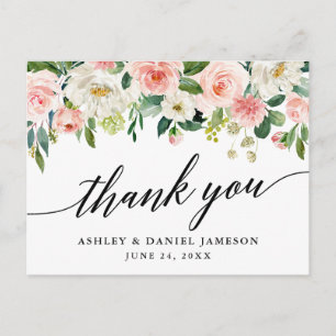 Carte Postale Calligraphie Rose Blanc Floral Mariage Merci