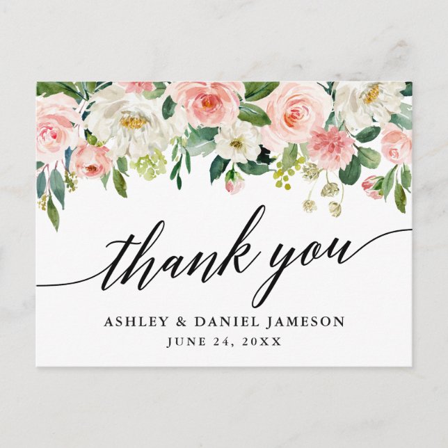 Carte Postale Calligraphie Rose Blanc Floral Mariage Merci (Devant)
