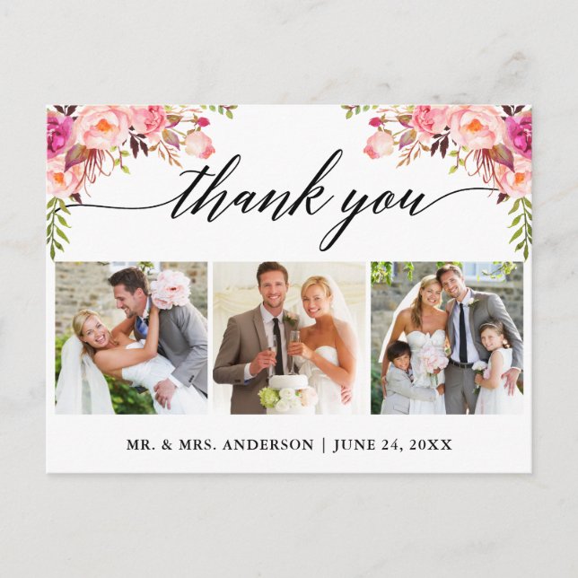 Carte Postale Calligraphie rose Mariage floral 3 Merci photo (Devant)