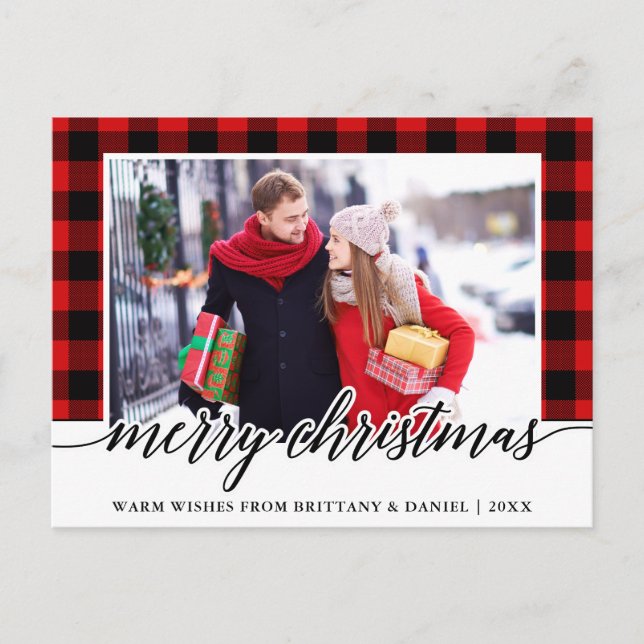 Carte Postale Calligraphie Rouge Plaid Couple Photo Noël (Devant)