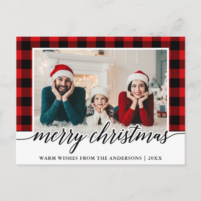 Carte Postale Calligraphie Rouge Plaid Famille Photo Noël (Devant)
