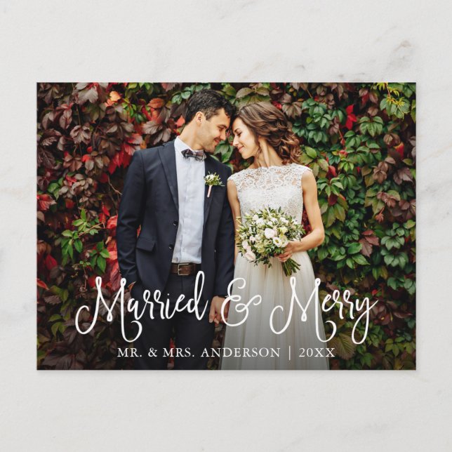 Carte Postale Calligraphie Script Marié et Joyeux Mariage photo (Devant)