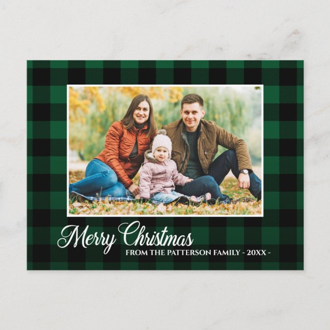 Carte Postale Calligraphie Script Photo Vert Plaid Noël (Devant)