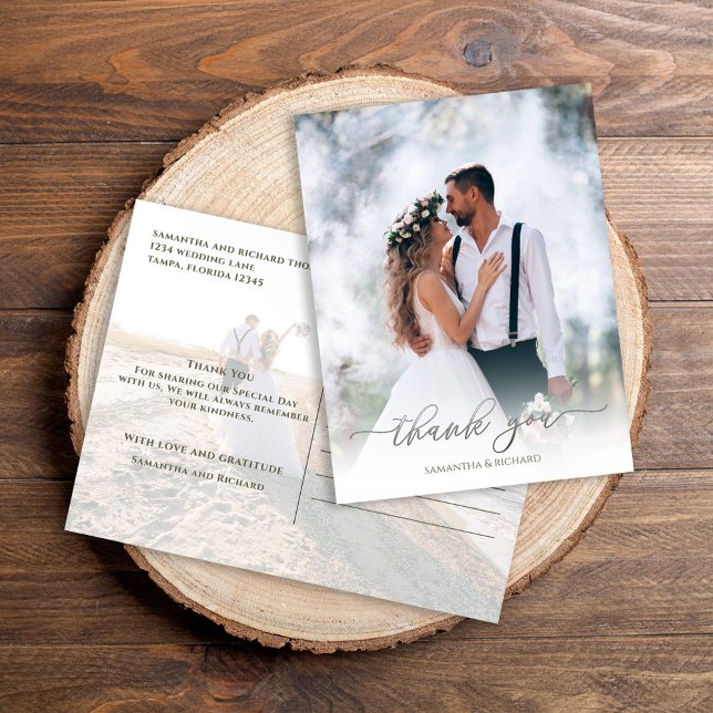 Carte Postale Calligraphie Script Simple Élégant Deux Photo Mode (Silver calligraphy script photo thank you postcard. )