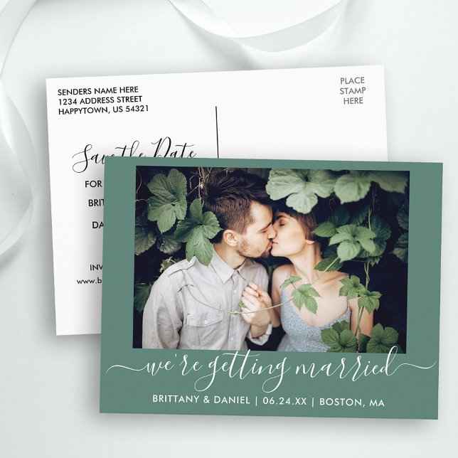 Carte Postale Calligraphie Se Marier Enregistrer La Date Vert (Customize to change text size, text style or background color.)