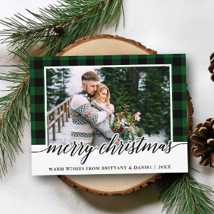 Carte Postale Calligraphie Vert Plaid Couple Photo Noël