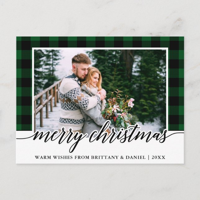 Carte Postale Calligraphie Vert Plaid Couple Photo Noël (Devant)