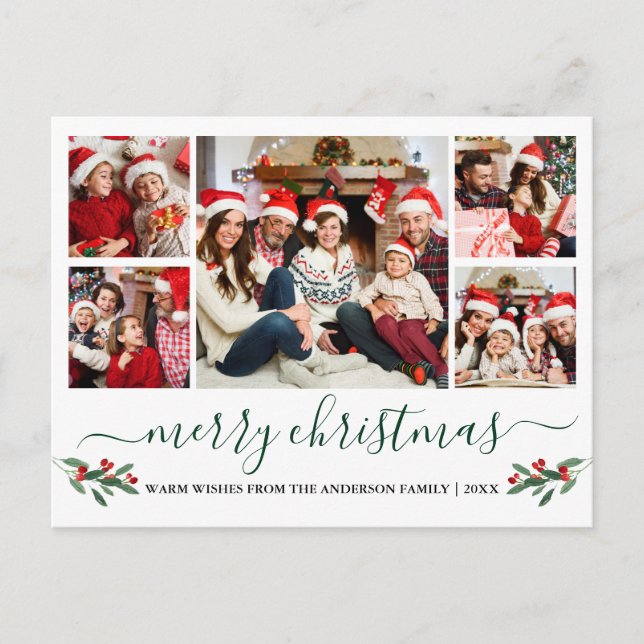 Carte Postale Calligraphie verte Joyeux Noël Holly 5 Photo (Devant)