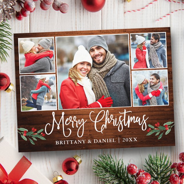 Carte Postale Calligraphie Wood Holly 5 Photo Couple Noël (Customize to change your personalized text size or text style.)