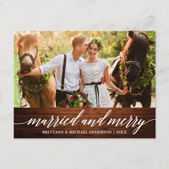 Carte Postale Calligraphie Wood Marié et Joyeux Mariage Photo (Devant)