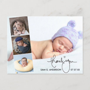 Carte Postale Calligraphy Newborn Baby 4 Photo Thank You