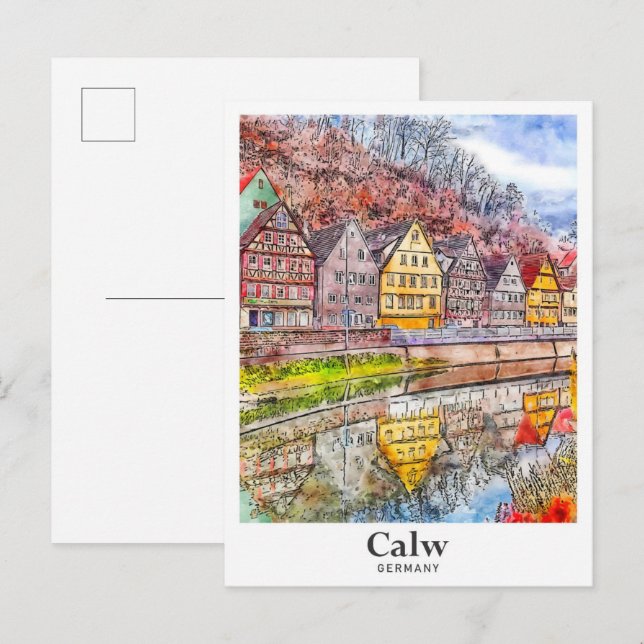 Carte Postale Calw Allemagne Art Voyage Aquarelle main tirée (Devant / Derrière)