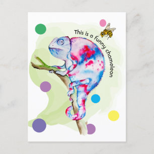 Carte Postale Caméléon d'aquarelle et abeille colorés.