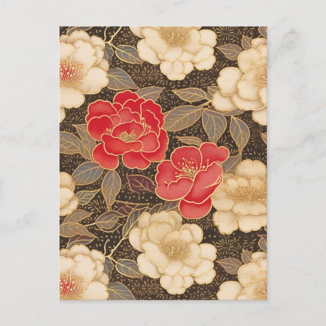Carte Postale Camellias rouge et blanc Chiyogami (Devant)