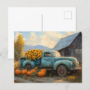 Carte Postale Camion bleu rustique avec Citrouilles et tournesol