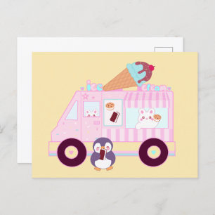 Carte Postale Camion de Glace Bunny Mignon Bleu et Rose