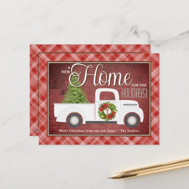 Carte Postale Camion de Noël blanc Bois à carreaux rouges (Devant/Arrière en situation)