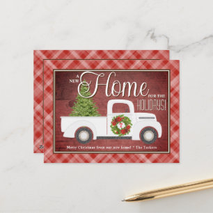 Carte Postale Camion de Noël blanc Bois à carreaux rouges